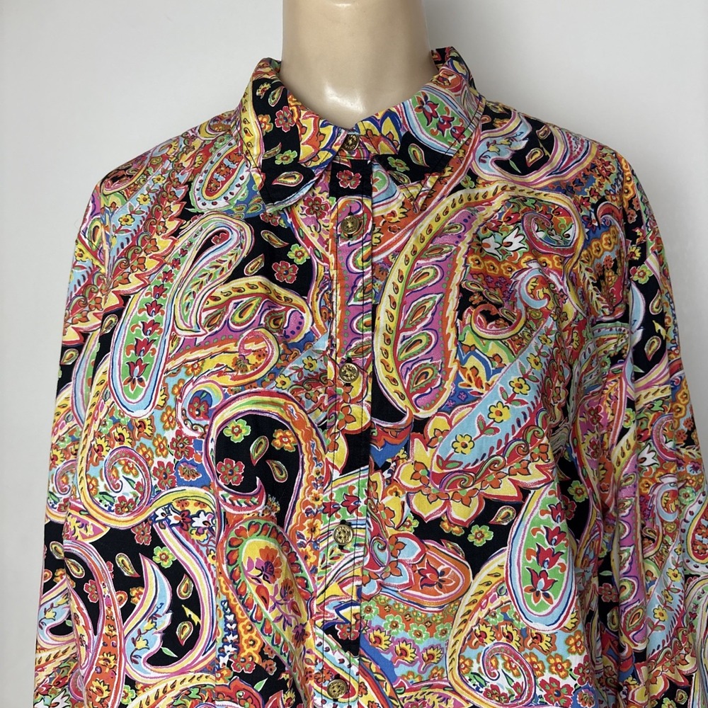 Chaps Shirt Womens 2X Colorful Paisley 100% Cotton Long Sleeve Button up top - Picture 2 of 11